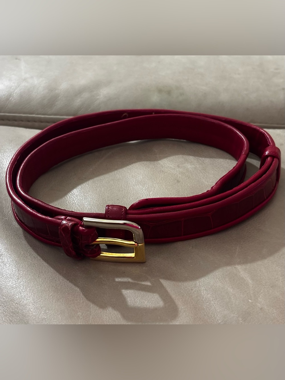 Judith Leiber Vintage Dark Red Croc Embossed Leather Belt Two Tone Buckle 34”